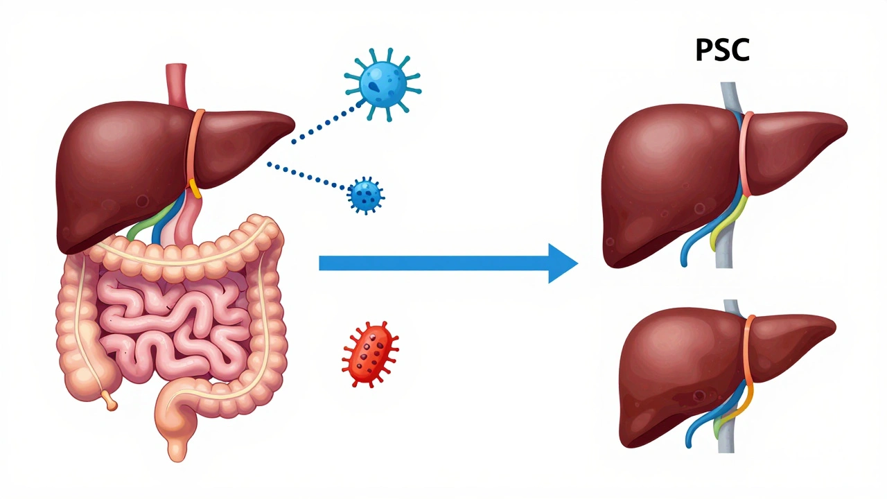 Illustration of gut-liver axis connecting inflamed intestines to bile ducts with immune signals.