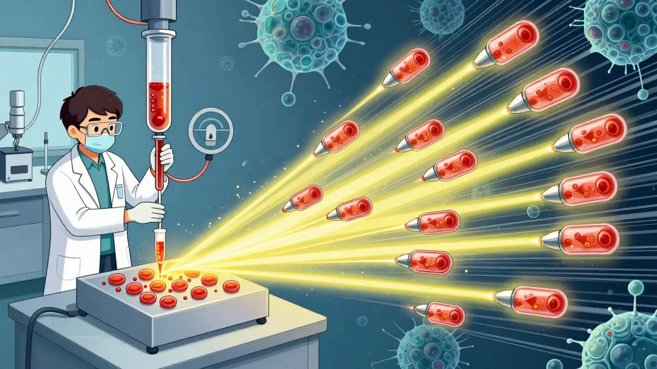 Modified T-cells with CAR receptors hunting cancer cells like guided missiles in the bloodstream.