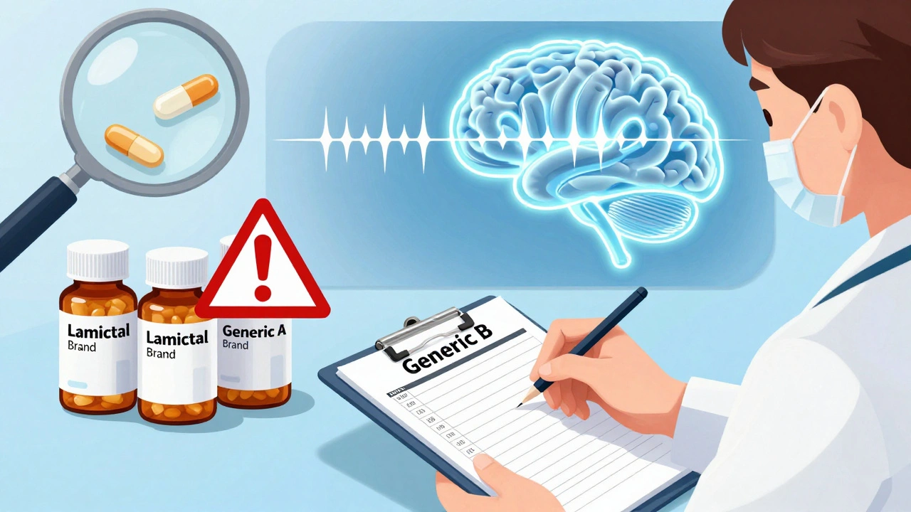 Neurologist reviews seizure logs with warning icons over generic epilepsy pills.