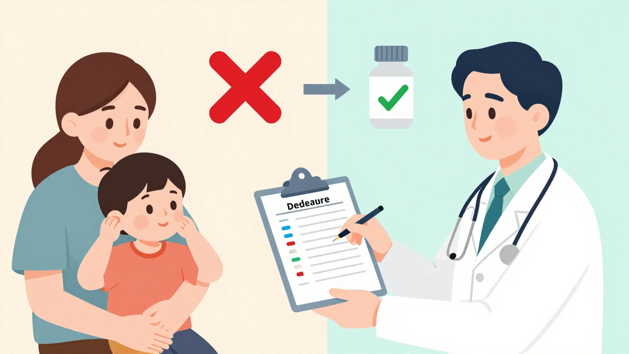 Parent and doctor discussing delayed antibiotic use with pain relief and timer visual