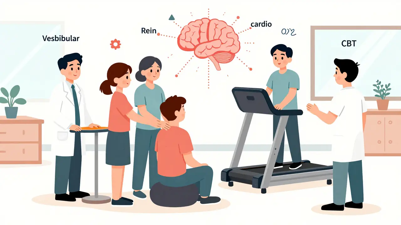 Patient surrounded by five therapists representing different PCS treatment approaches in a clinical setting.