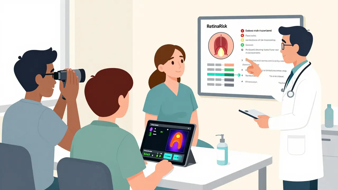 Patients and doctor in a clinic using AI tools for diabetic eye screening with digital images on tablet.