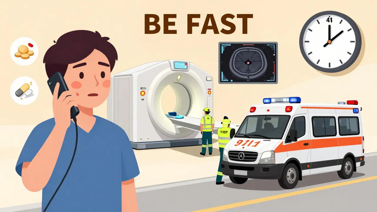 Person calling 911 during TIA symptoms, with medical treatments and MRI visible in background.