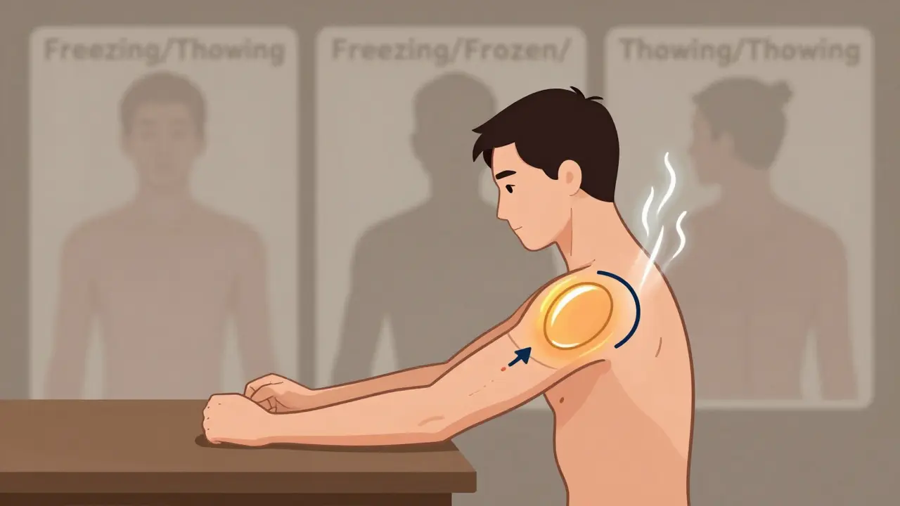 Person doing gentle pendulum exercise with warm shoulder, arm swinging over a table