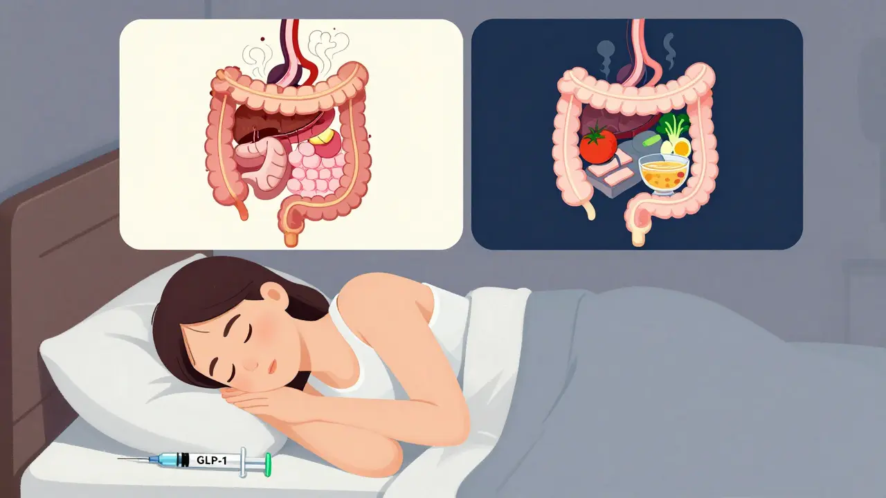 Person sleeping with GLP-1 injection nearby, contrasting chaotic daytime digestion with calm nighttime state.