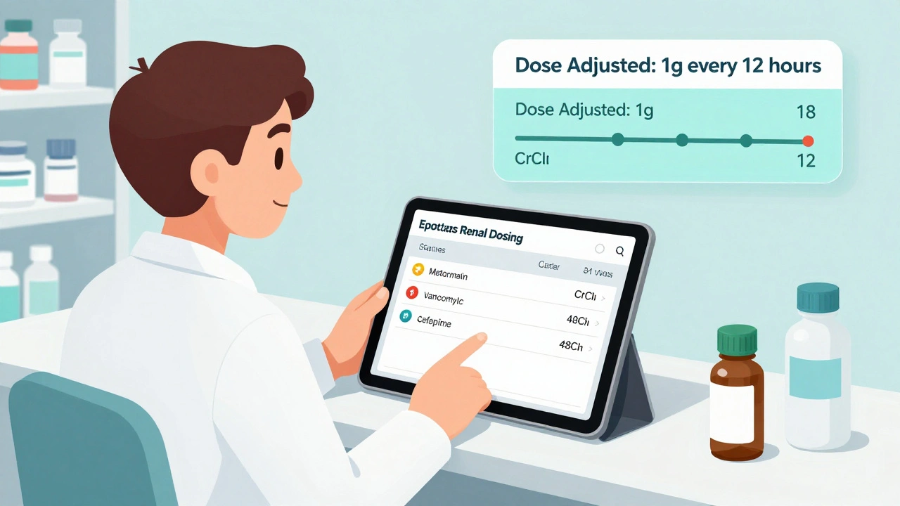 Pharmacist using tablet app to adjust kidney dosing for elderly patient&#039;s medications.