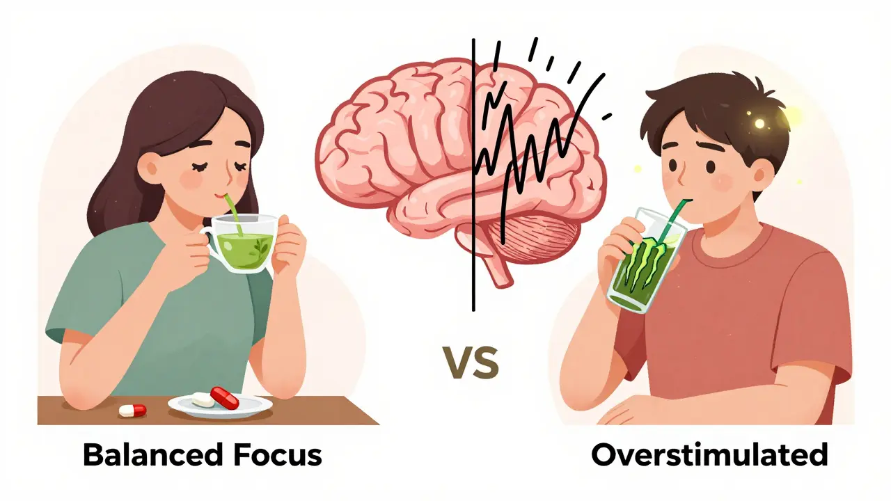 Side-by-side comparison of a calm person drinking green tea with L-theanine versus a jittery person consuming an energy drink while taking Adderall.