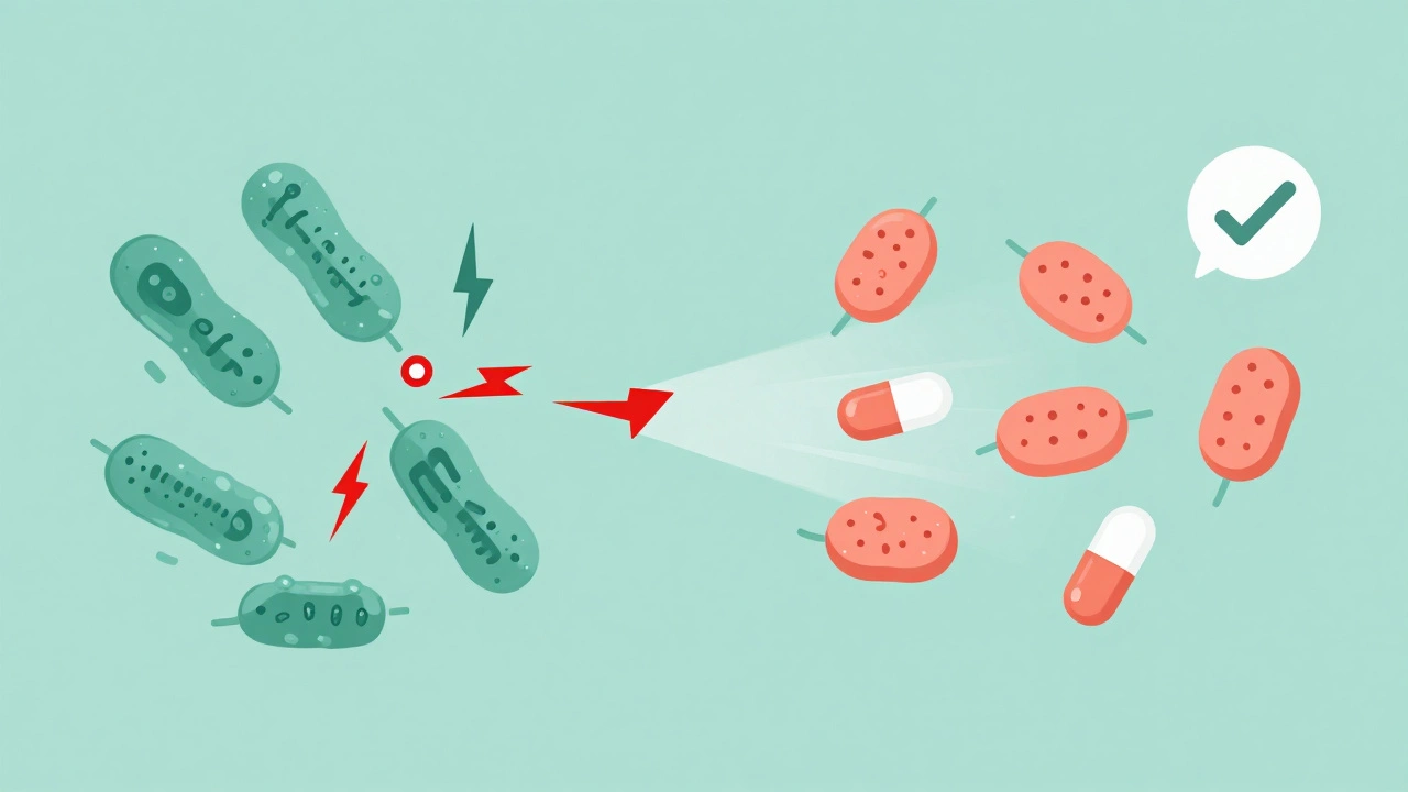 Side-by-side comparison of bacterial probiotics being killed by antibiotics versus yeast probiotics surviving unchanged.