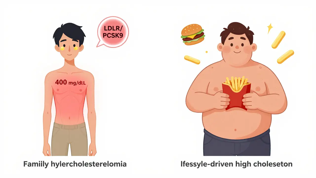 Side-by-side comparison of genetic and lifestyle-related high cholesterol with visible physical signs and dietary triggers.