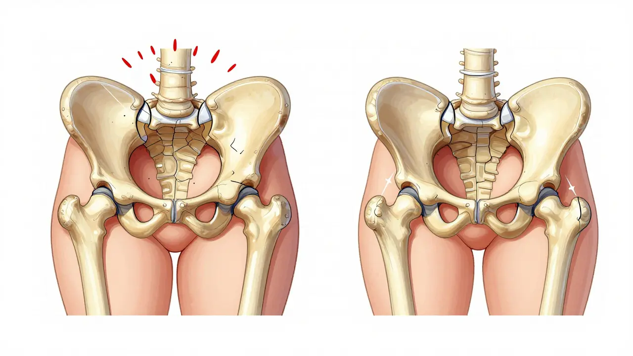Side-by-side comparison of healthy and obese hip joints with differences in cartilage and fat distribution.