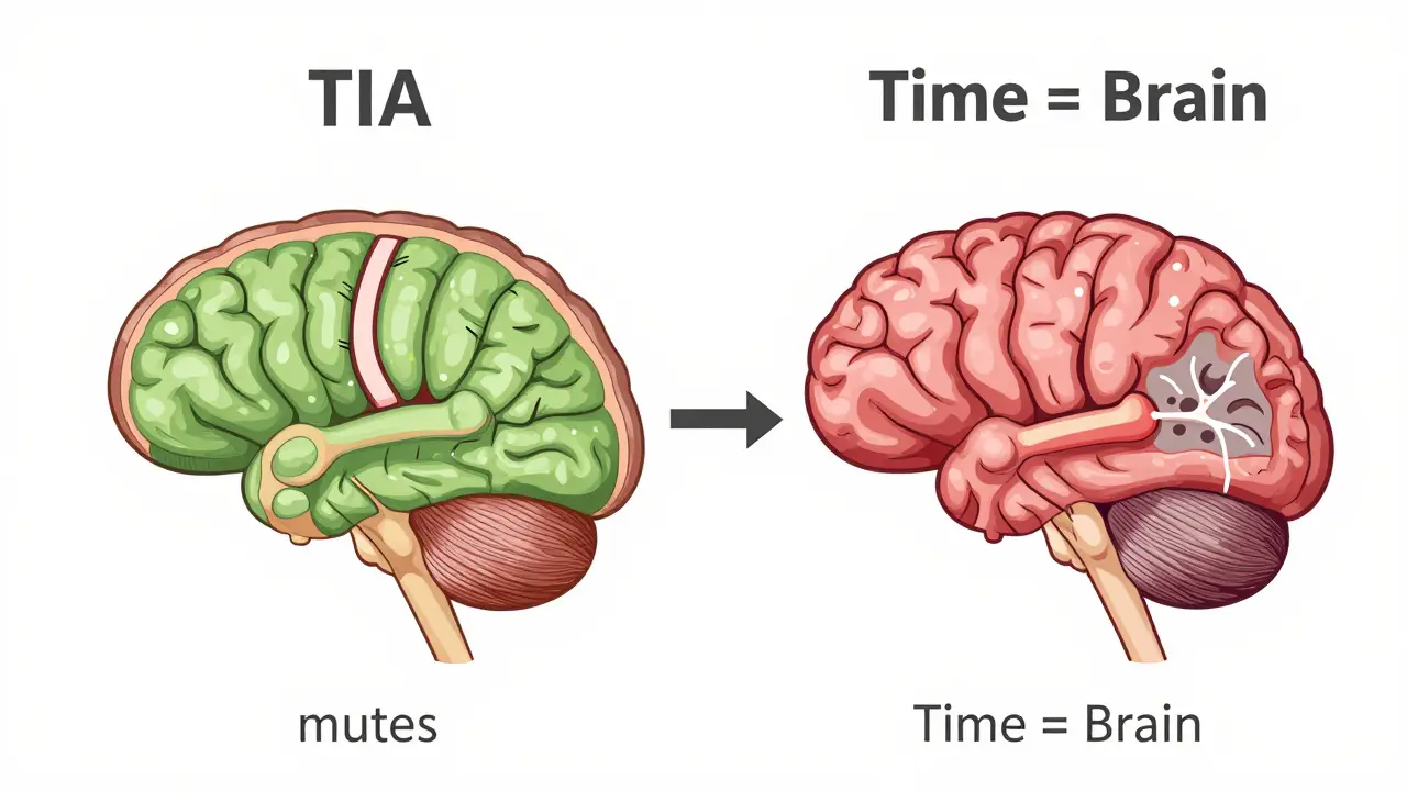 Side-by-side comparison of TIA with no brain damage versus stroke with dead tissue.
