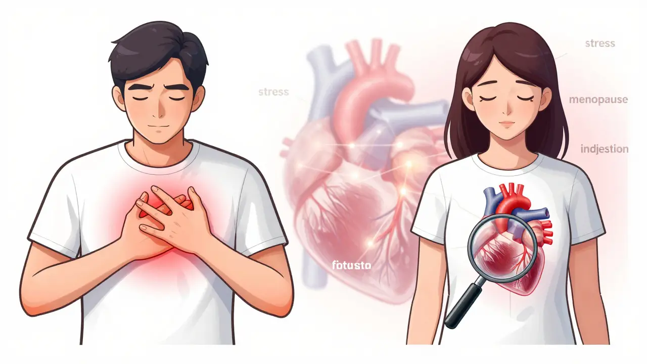 Side-by-side comparison of typical male vs. female heart attack symptoms, highlighting overlooked signs in women.