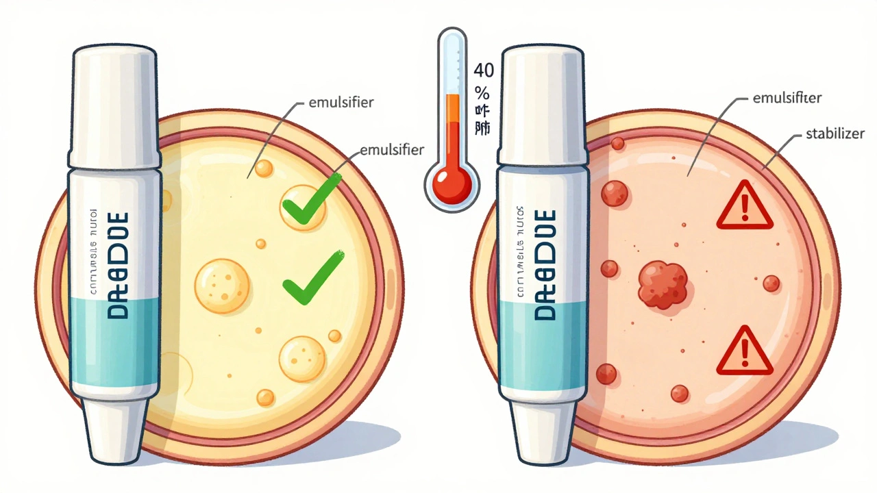 Side-by-side microscopic views of two creams showing particle differences affecting drug delivery