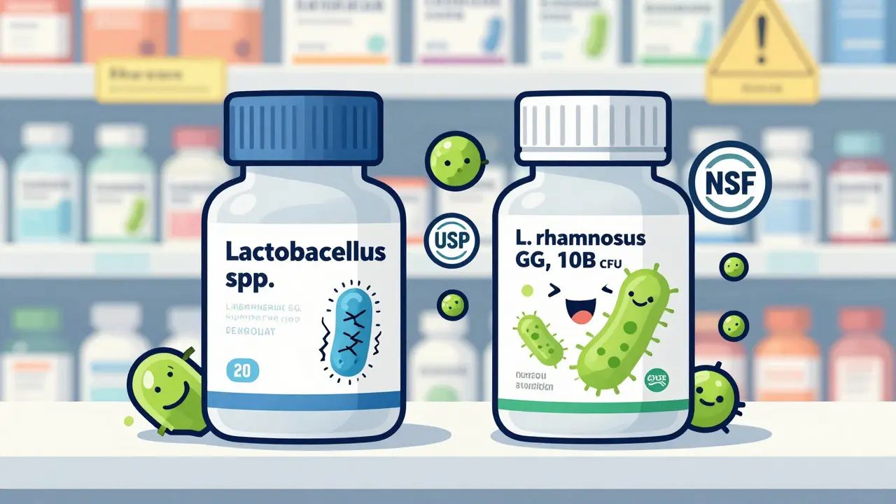 Side-by-side probiotic supplements: one unverified and dead, one certified with live bacteria and label details.