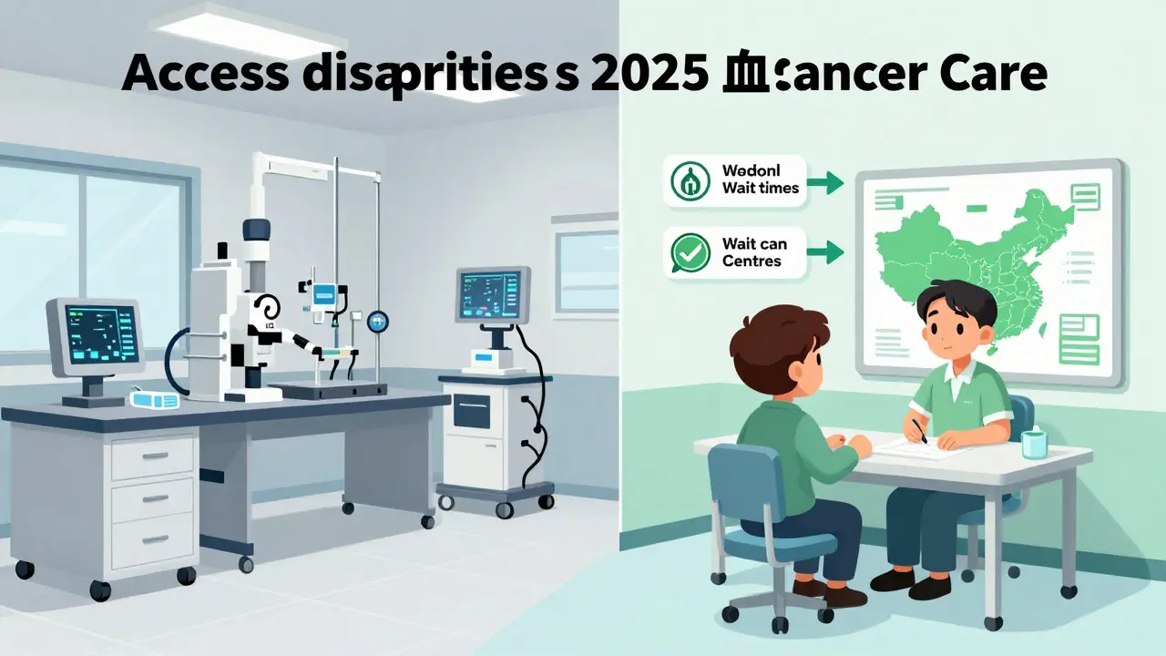 Split scene showing advanced CAR T-cell care at a major hospital versus limited access at a community clinic.