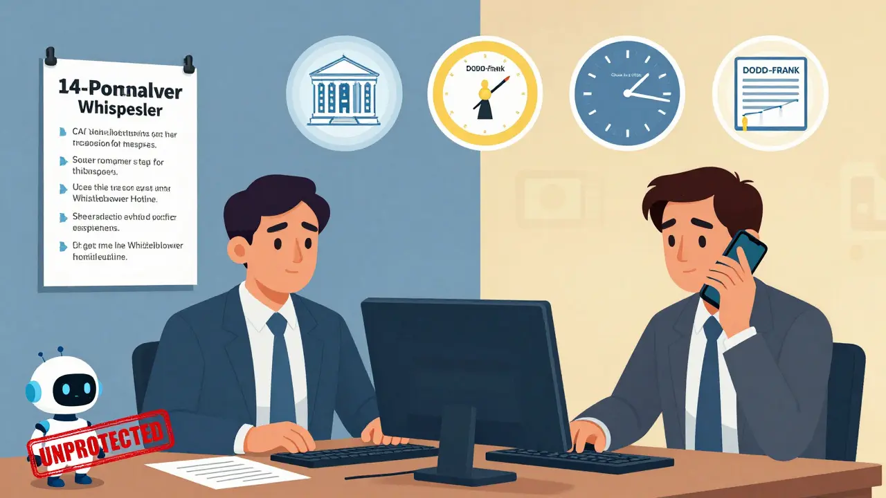 Split workplace scene: ignored legal notice on one side, whistleblower calling hotline on the other, with federal laws floating above.