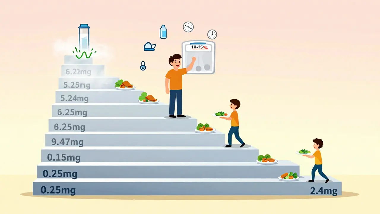 Staircase of GLP-1 dose increases with fading nausea, leading to weight loss and healthy habits at the top.