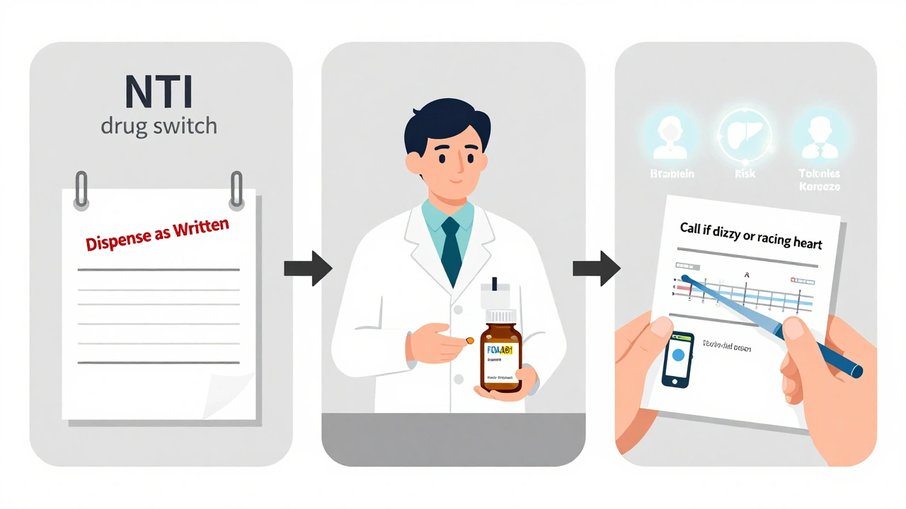 Step-by-step visual workflow of NTI drug switching with FDA rating, patient handout, and warning signs.