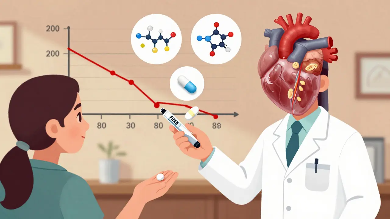 Three cholesterol-lowering medications with molecular diagrams and healthy foods forming a protective barrier around a heart.