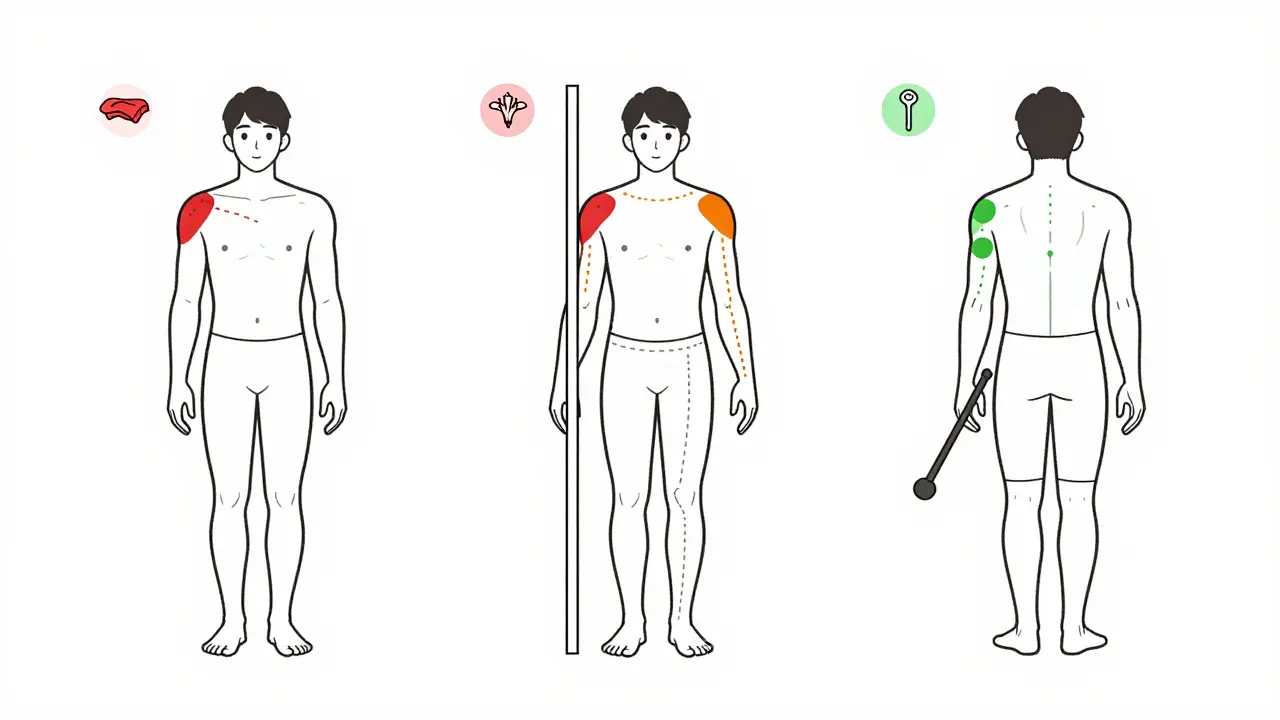 Three illustrated shoulder stretches: towel, doorway, and wand exercises in one panel