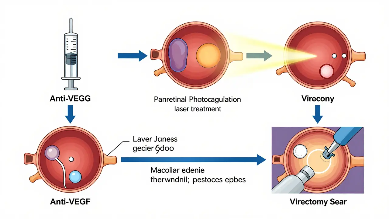 Three medical treatment pathways for diabetic retinopathy: injections, laser, and surgery with visual icons.