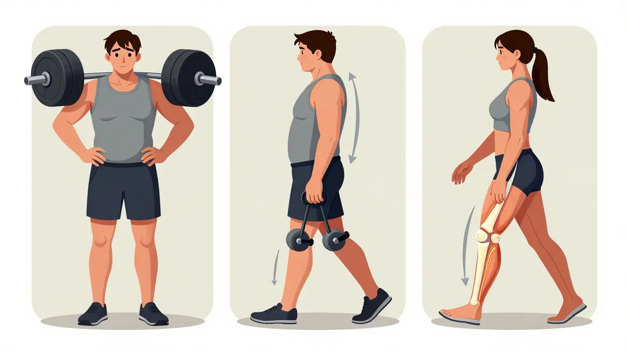 Three-panel illustration showing weight loss improving hip function through reduced load and stronger muscles.
