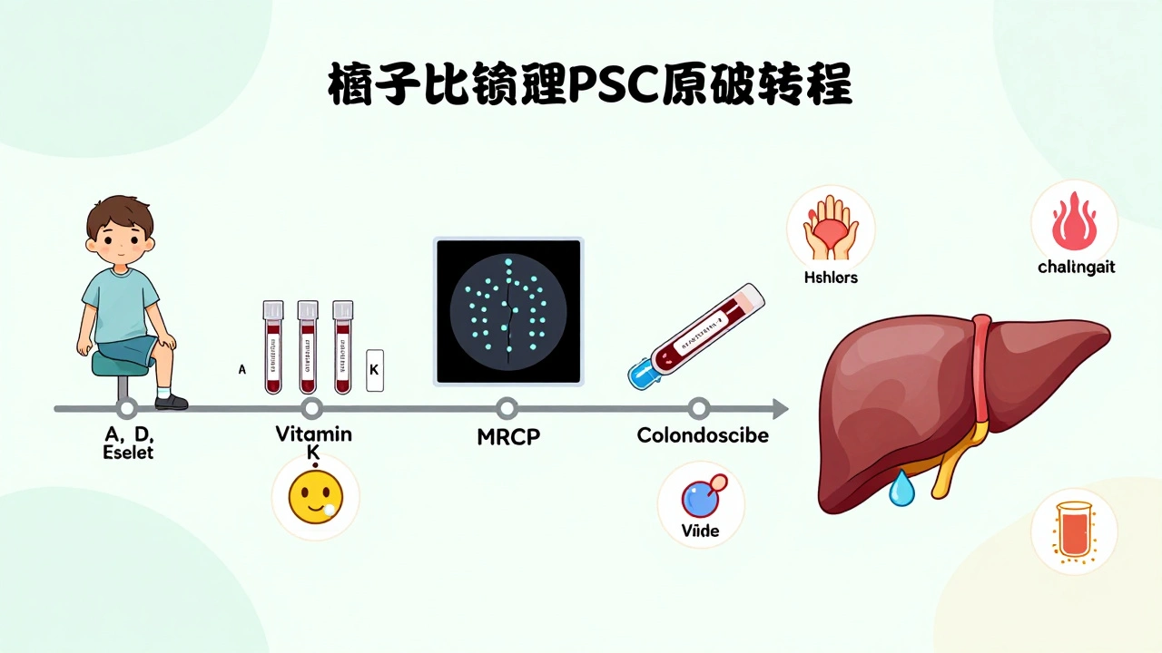 Timeline showing PSC management steps from diagnosis to liver transplant with key symptoms and treatments.