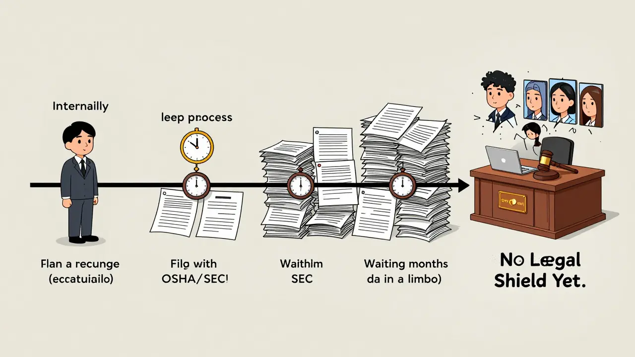 Timeline showing whistleblower journey from report to legal outcome, with delays and AI loopholes highlighted.
