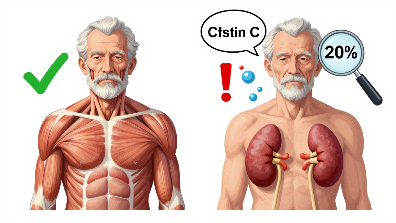 Two elderly patients side by side, one with misleading normal creatinine, the other with accurate cystatin C detection.
