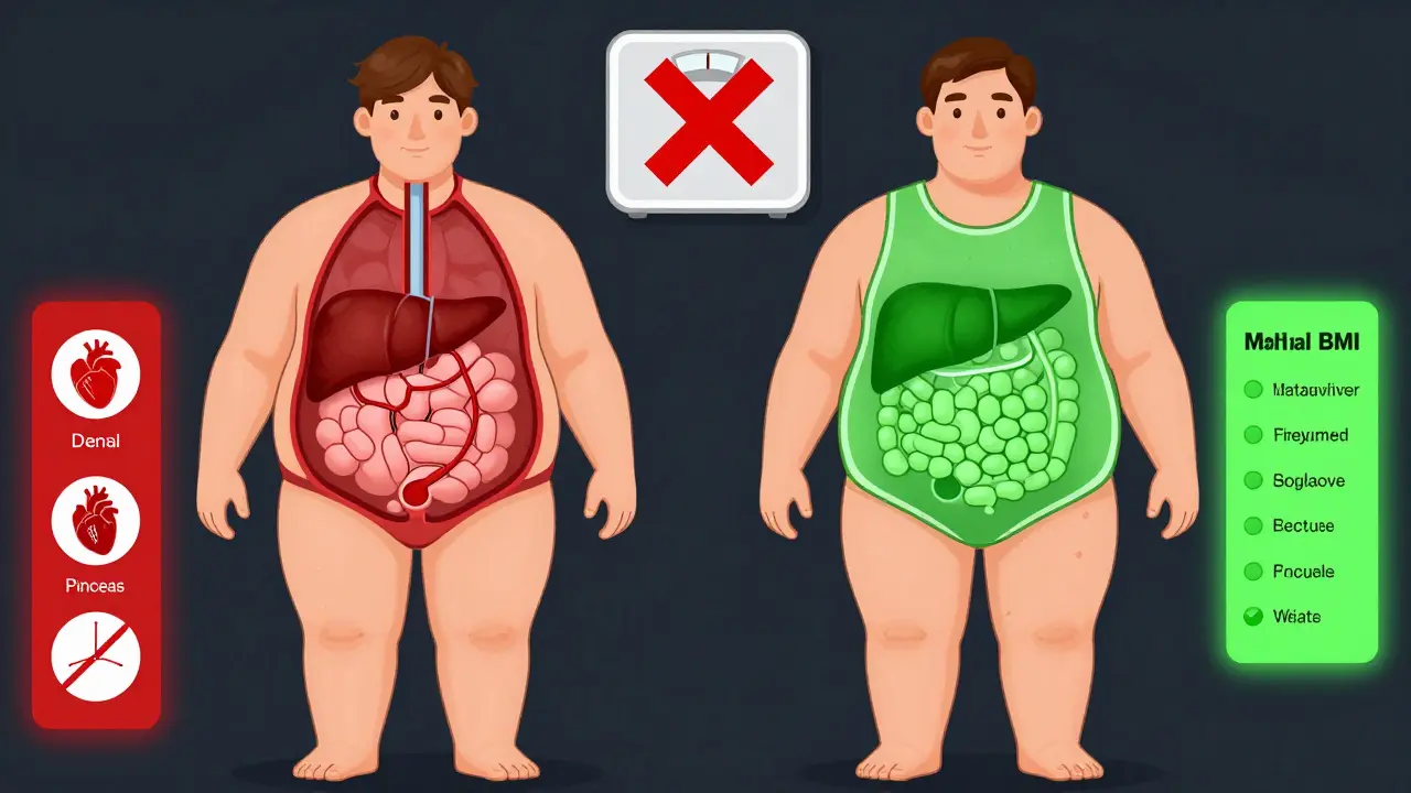 Two people with same BMI but different internal fat distribution and metabolic health markers.