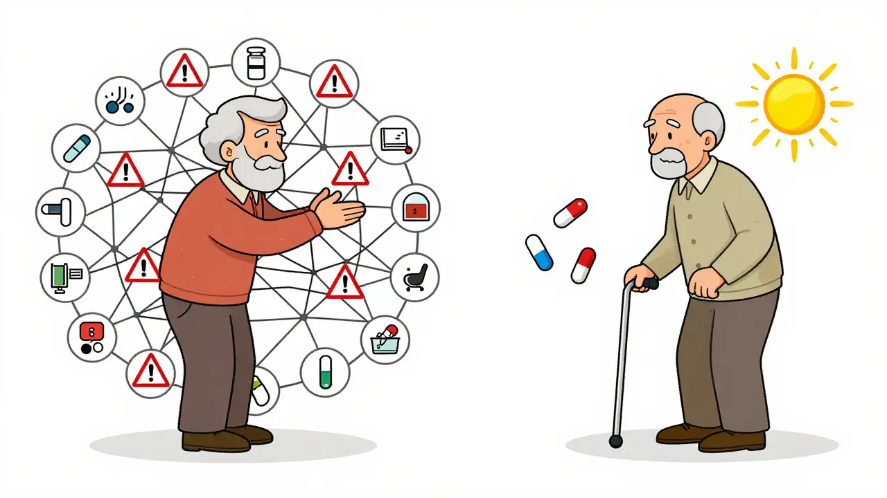 Two seniors: one overwhelmed by multiple medications, one with few pills and stability.