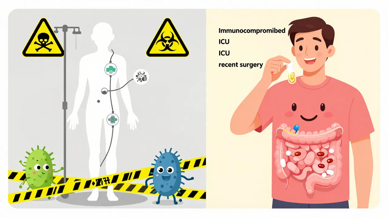 Vulnerable patient warned away from probiotics versus healthy person using them safely with antibiotic timing.