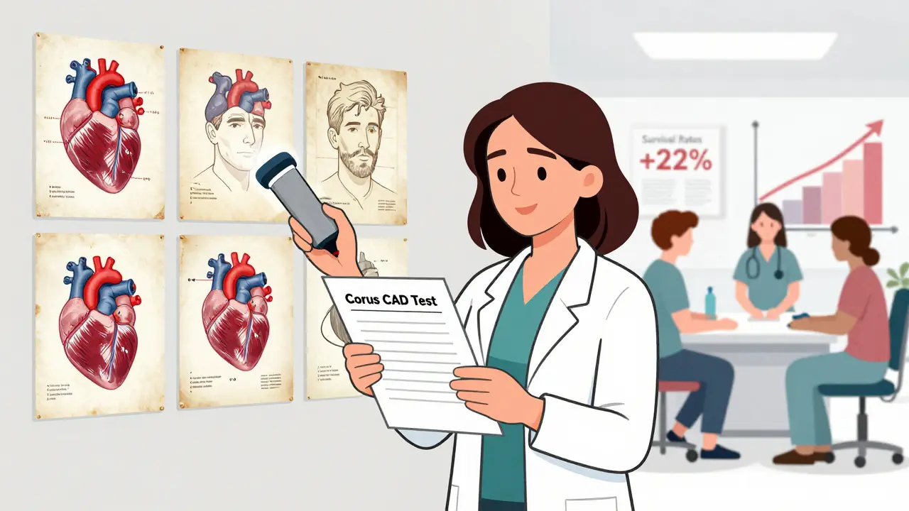 Woman holding a women-specific heart test chart as outdated male-focused medical diagrams fade away.
