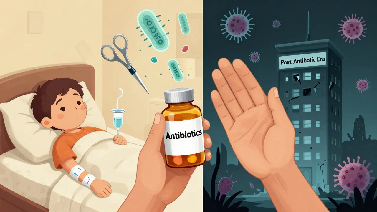 A person choosing not to take unnecessary antibiotics, with contrasting images of healthy recovery versus medical collapse.