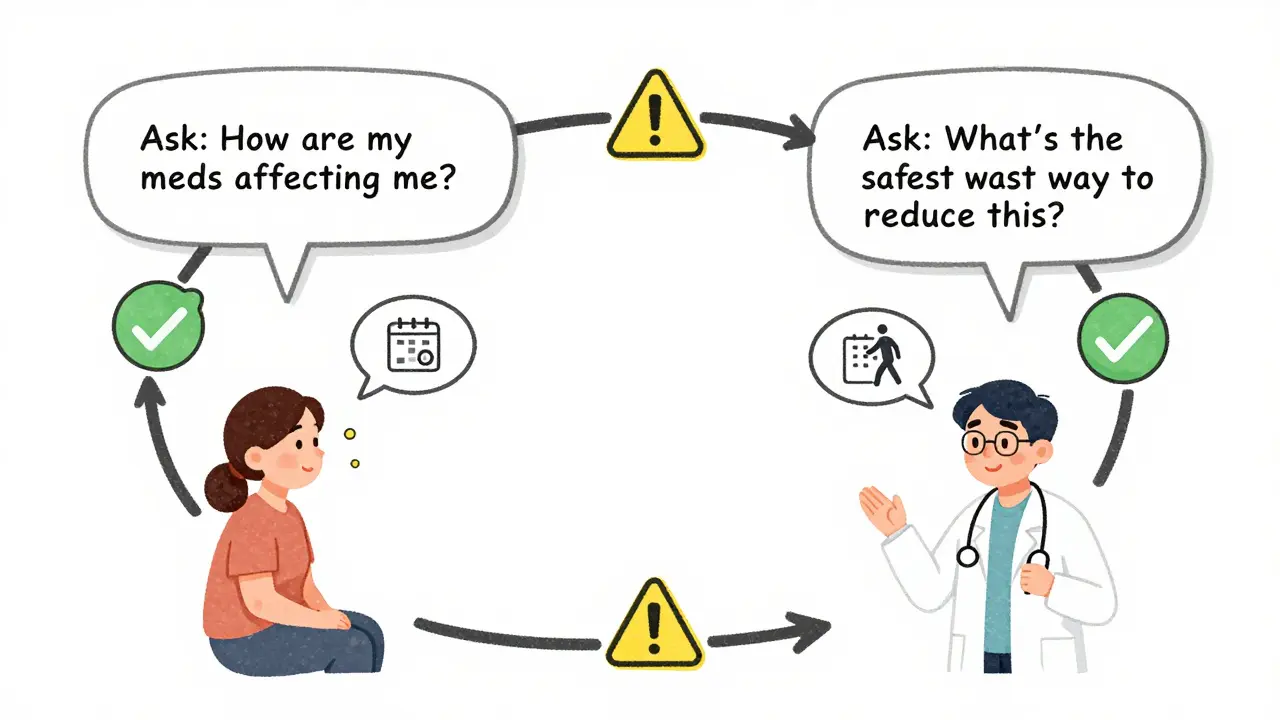 Circular diagram illustrating the 'Ask-Tell-Ask' method for discussing medication reduction with a doctor.