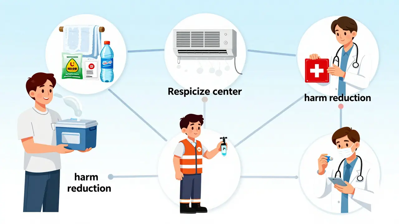 Community network of volunteers, cooling centers, and medical responders aiding during a heatwave.