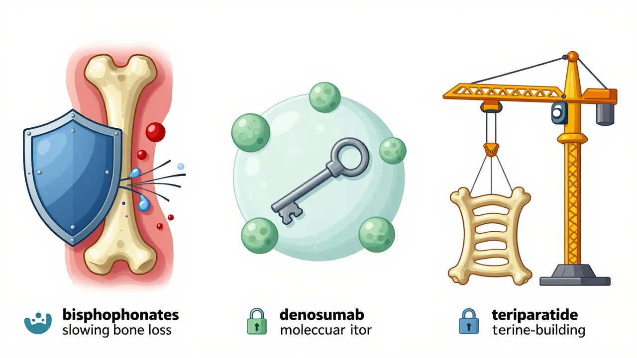 Comparison of osteoporosis treatments showing how each drug affects bone remodeling