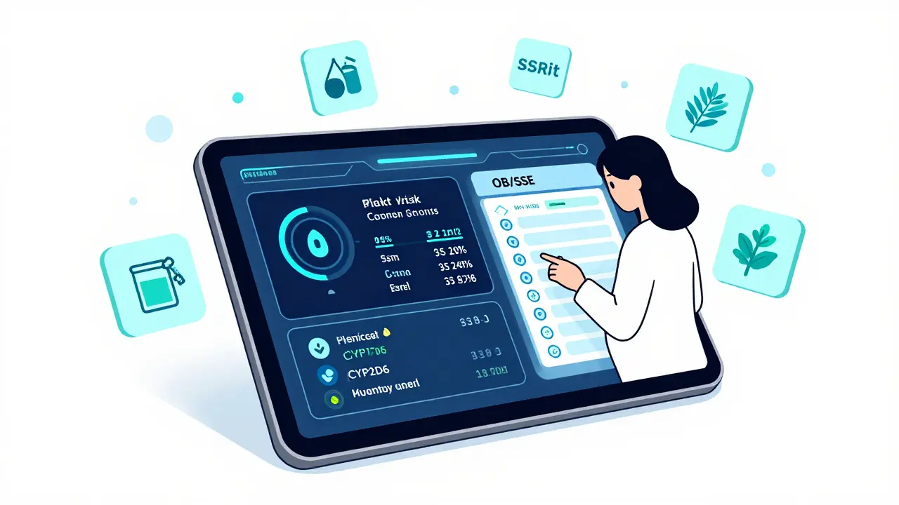 Digital tablet showing pregnancy medication risk scores and genetic markers with safety icons.