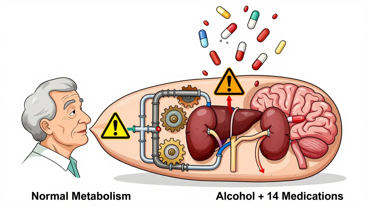 Elderly person with clogged metabolic pathways due to multiple medications and alcohol interaction.