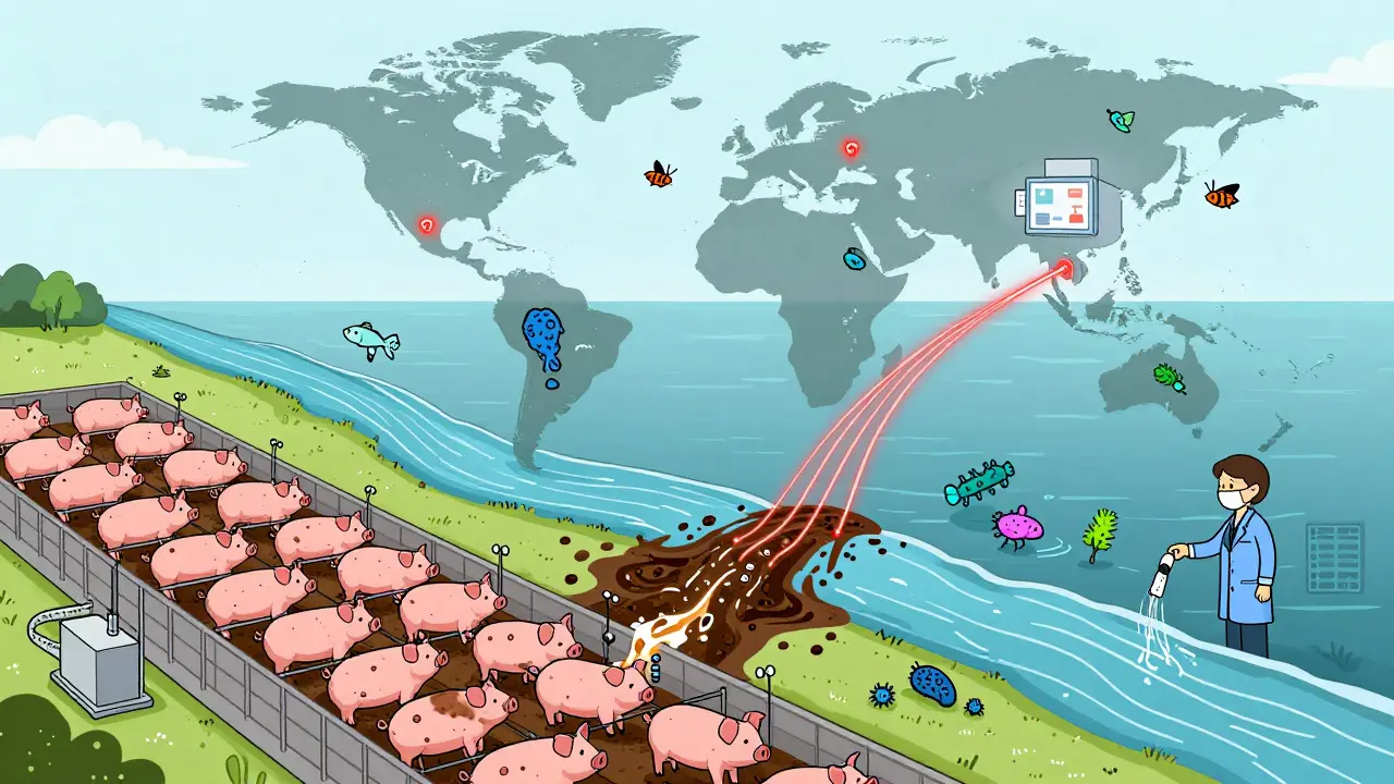 Global spread of antibiotic resistance from farms to oceans to hospitals, shown through interconnected pathways of contamination.