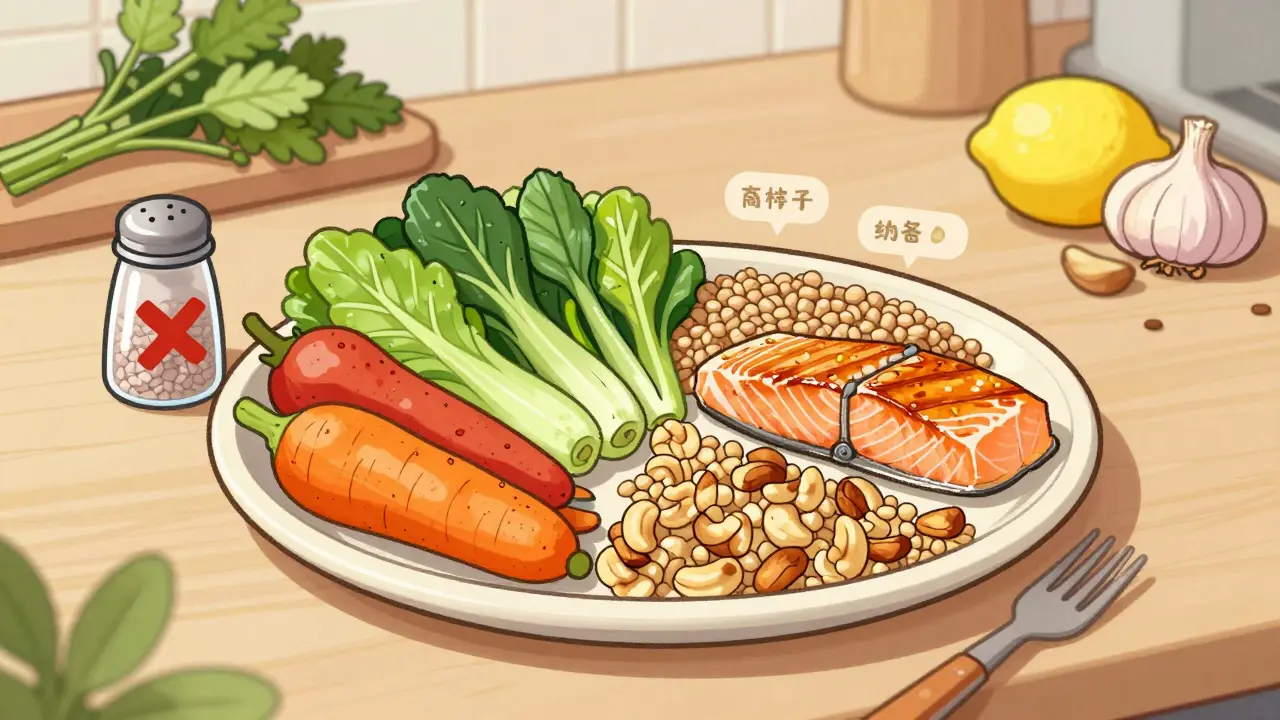 Healthy heart-healthy plate with vegetables, whole grains, salmon, and herbs, minus salt.