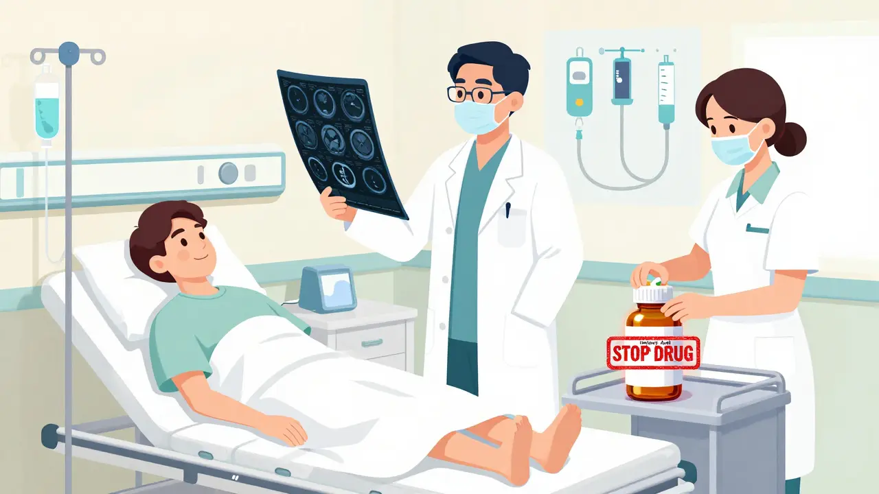 Hospital scene showing a doctor stopping a high-risk medication as a CT scan reveals pancreatic necrosis, with treatment icons visible.