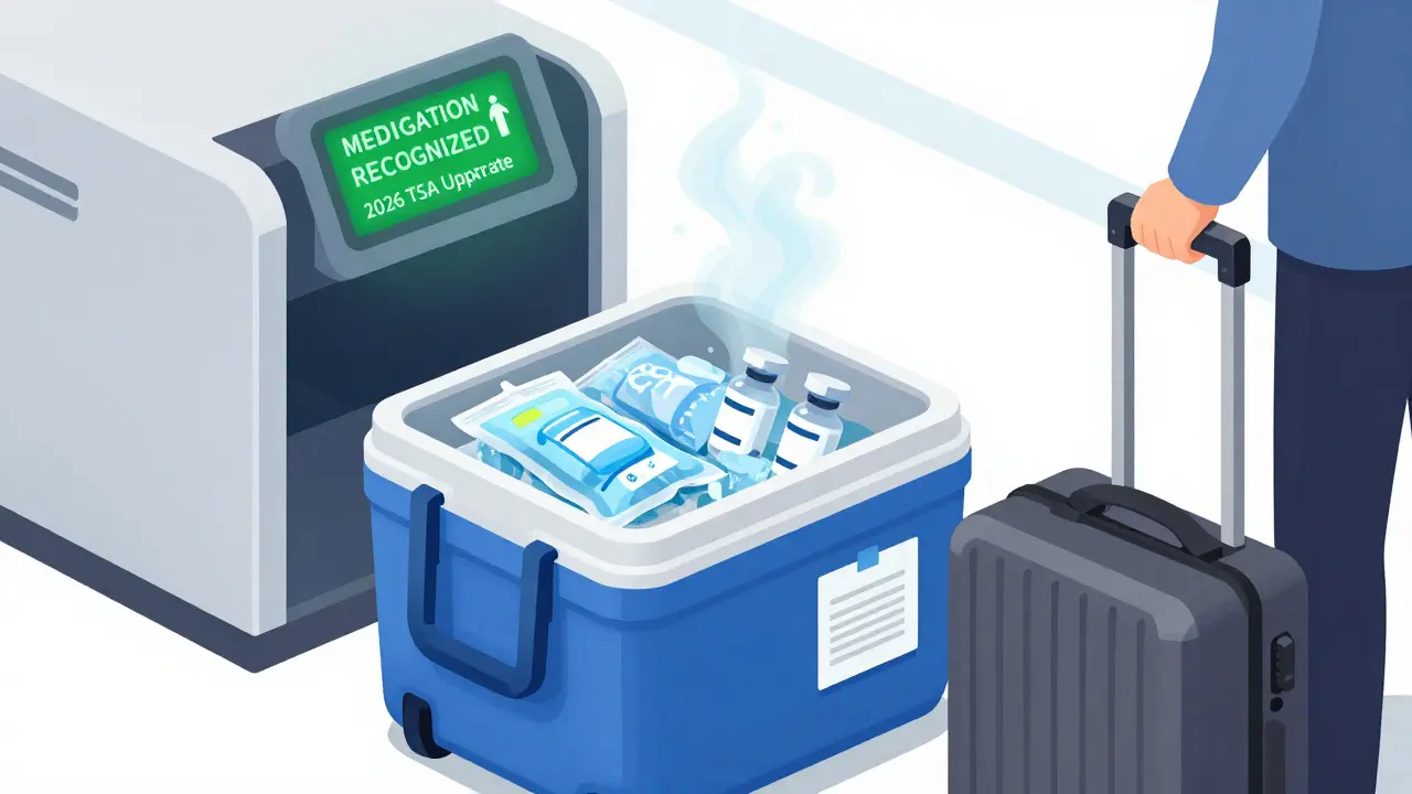 Insulated cooler with frozen ice packs and insulin vials, labeled doctor’s note, and AI scanner confirming medical items.
