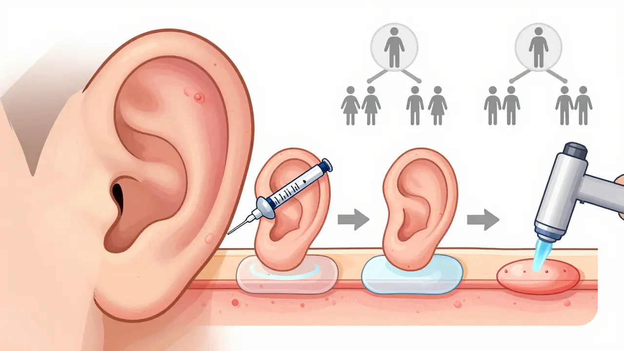 Keloid scar with layered treatments: injection, silicone sheet, and laser therapy.