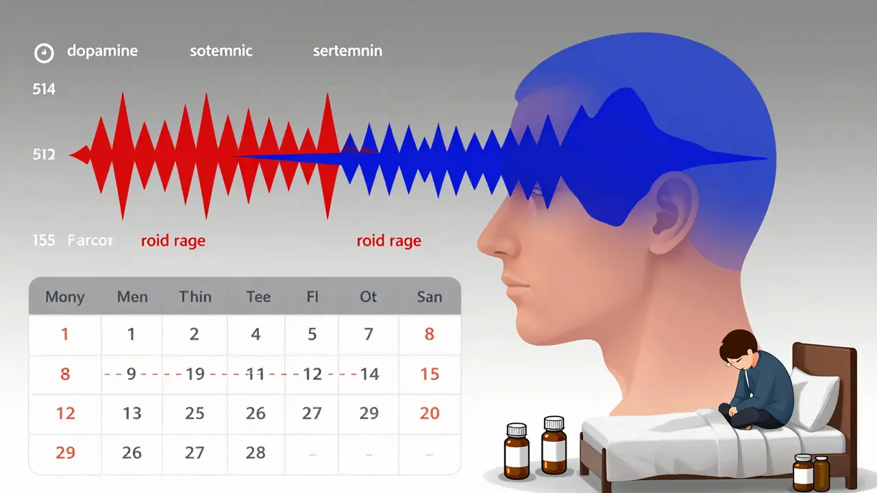 Mental health dashboard overlay showing neurotransmitter crashes during steroid withdrawal.