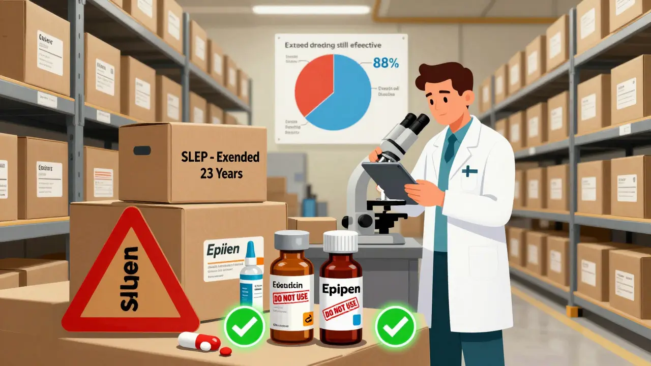 Military drug warehouse with expired meds extended 23 years, scientist testing tablets, critical drugs marked unsafe.