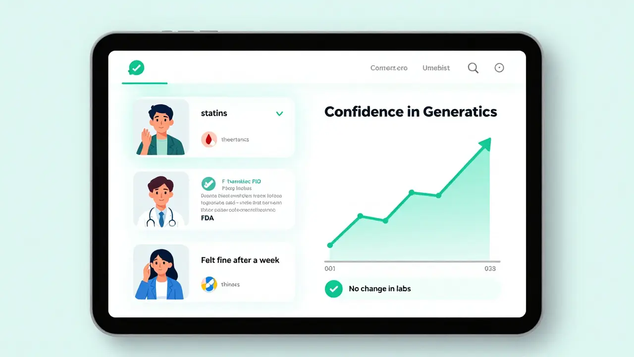 Online support group interface with patient avatars and pharmacist-verified FDA information about generic medications.