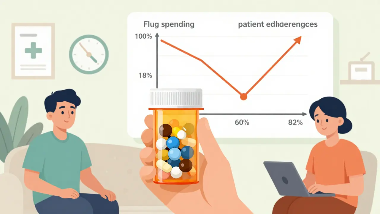 Patient holding pill bottle with transparent molecular view and adherence graph showing cost reduction and improved compliance.