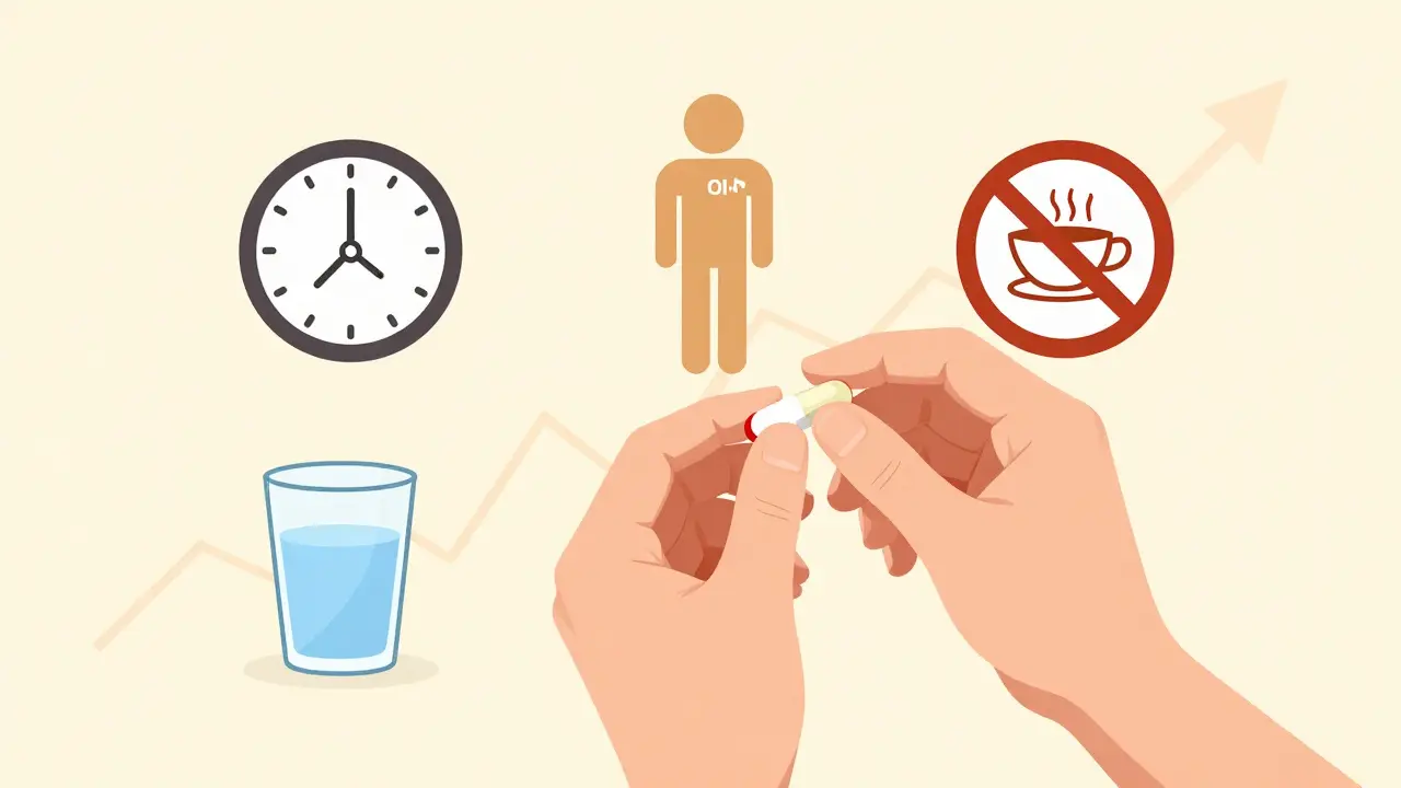 Patient taking oral bisphosphonate with dosing rules illustrated as icons around them
