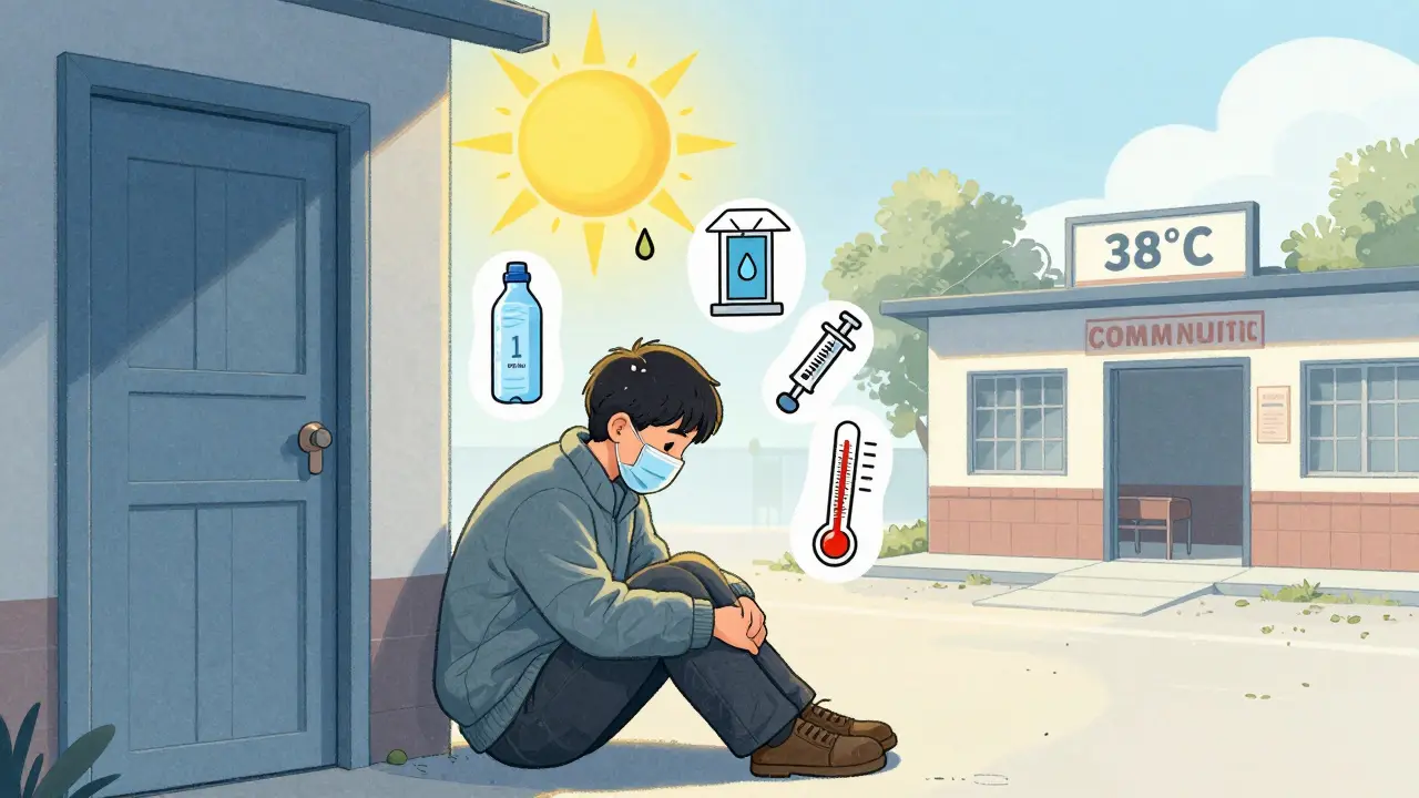 Person in heat seeking shade with hydration and cooling resources, while a locked shelter is shown nearby.